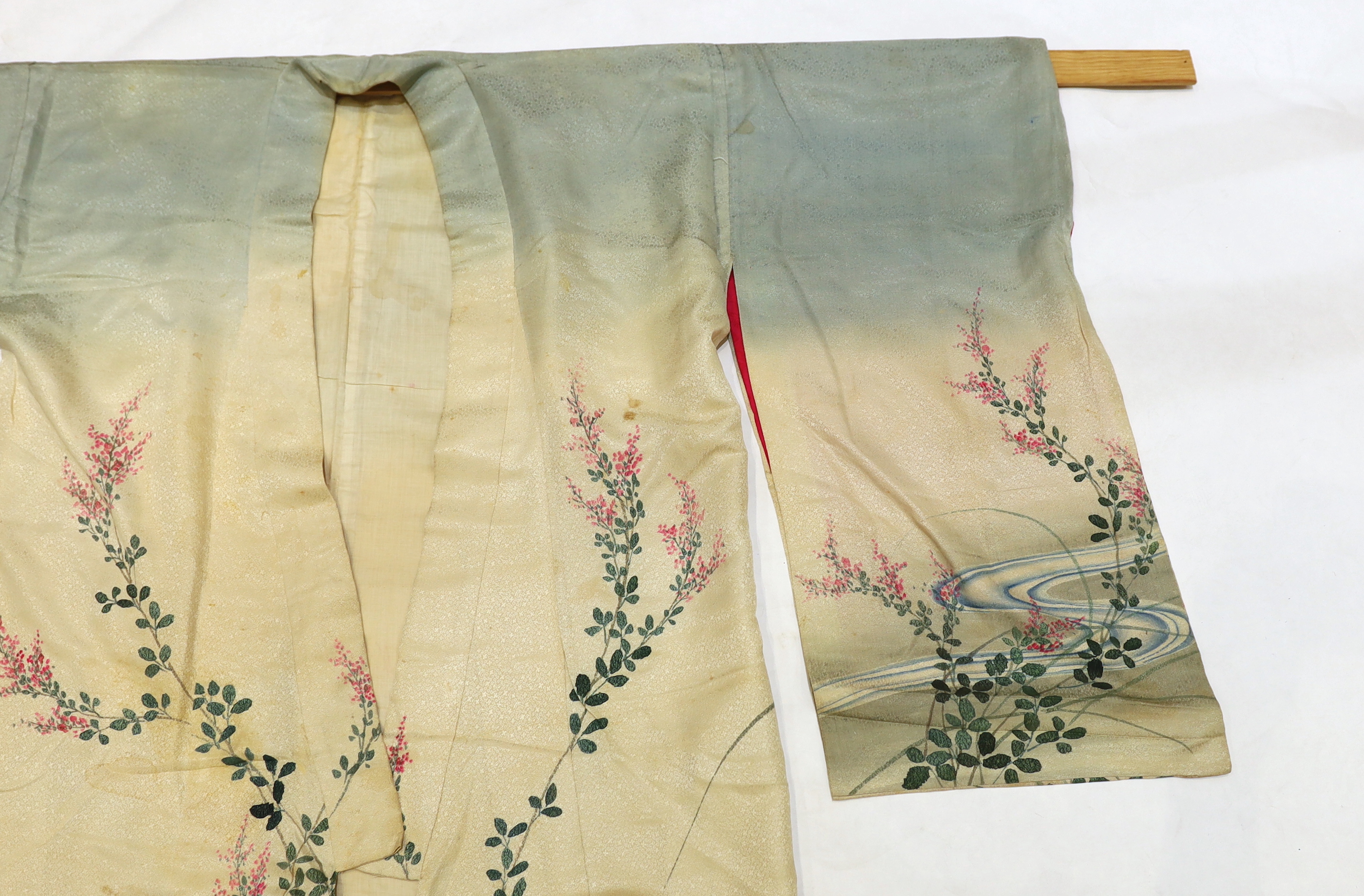 A1920’s Japanese silk ladies kimono, hand painted with blossom, rivers and the moon